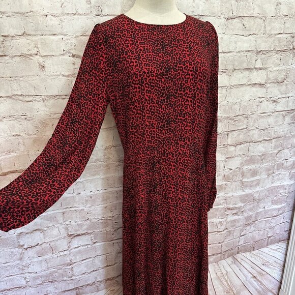 LOFT Womens Midi Dress Size 4 Red Animal Print Cheetah Long Sleeve Side Slit NEW - Picture 3 of 11